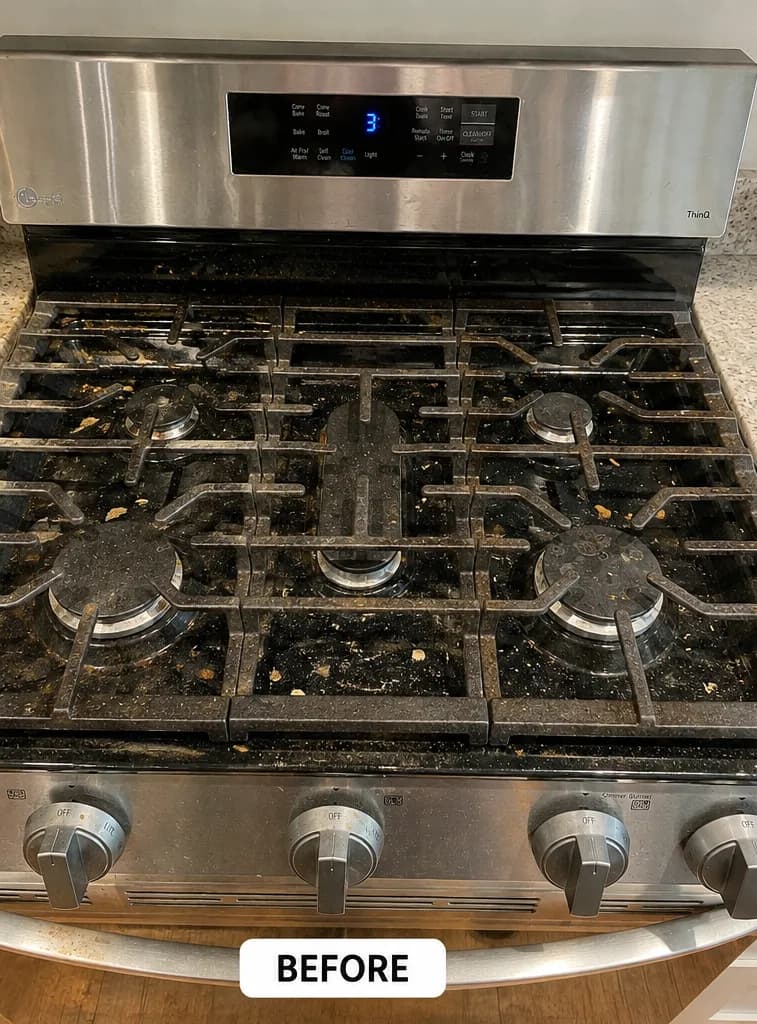 Before cleaning: dirty gas stove with visible grime and grease on burners and surface.