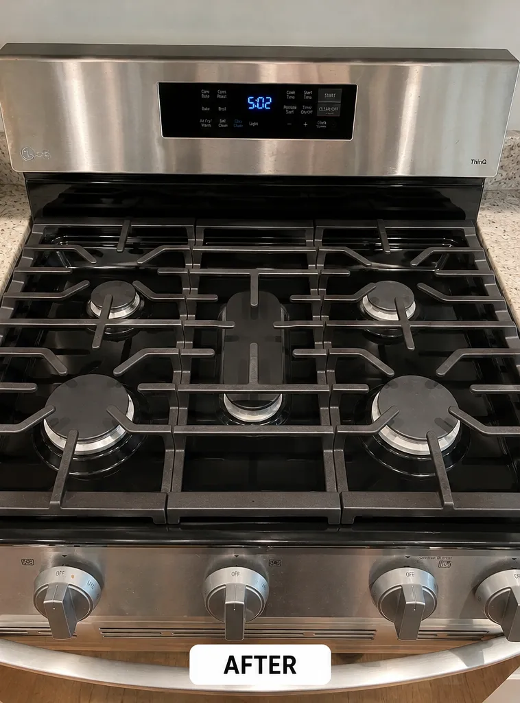 Clean stainless steel gas stove with five burners and digital display showing 5:02 PM.