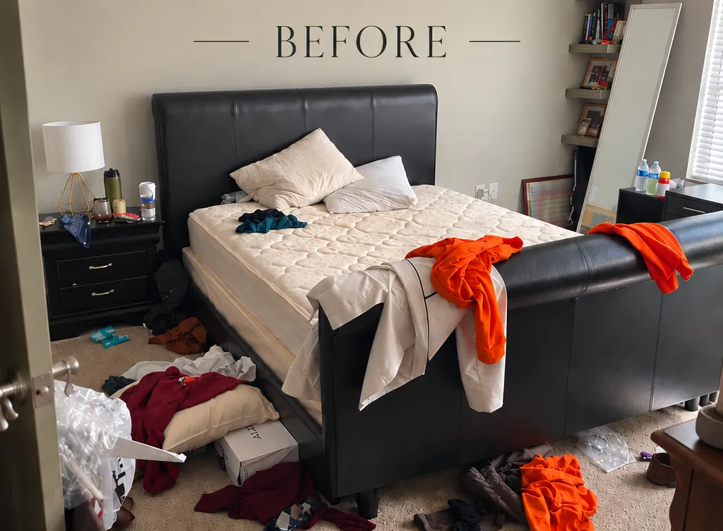 Cluttered bedroom before cleanup with unmade bed and scattered clothes on the floor.