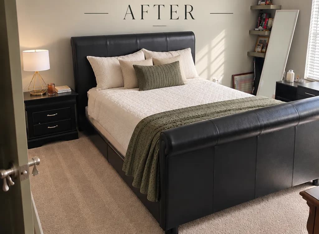 Modern bedroom makeover featuring a stylish black leather bed and elegant decor.