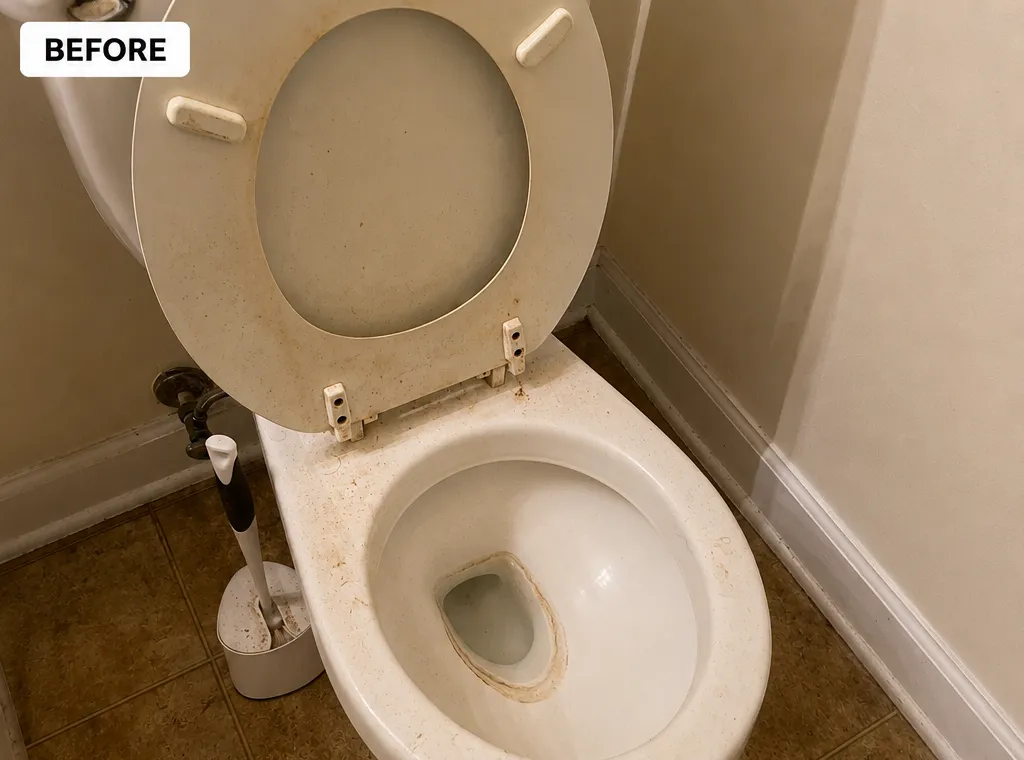Dirty toilet before cleaning, showcasing stains and grime in a bathroom setting.