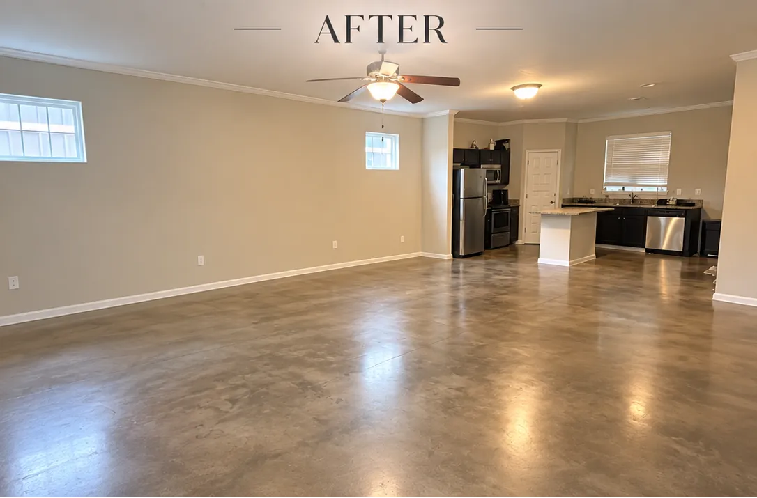 Renovated modern interior with polished concrete flooring and open kitchen design.