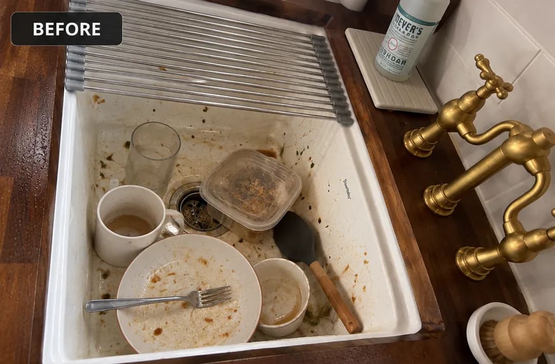 Dirty kitchen sink filled with unwashed dishes, food scraps, and utensils, labeled "Before."