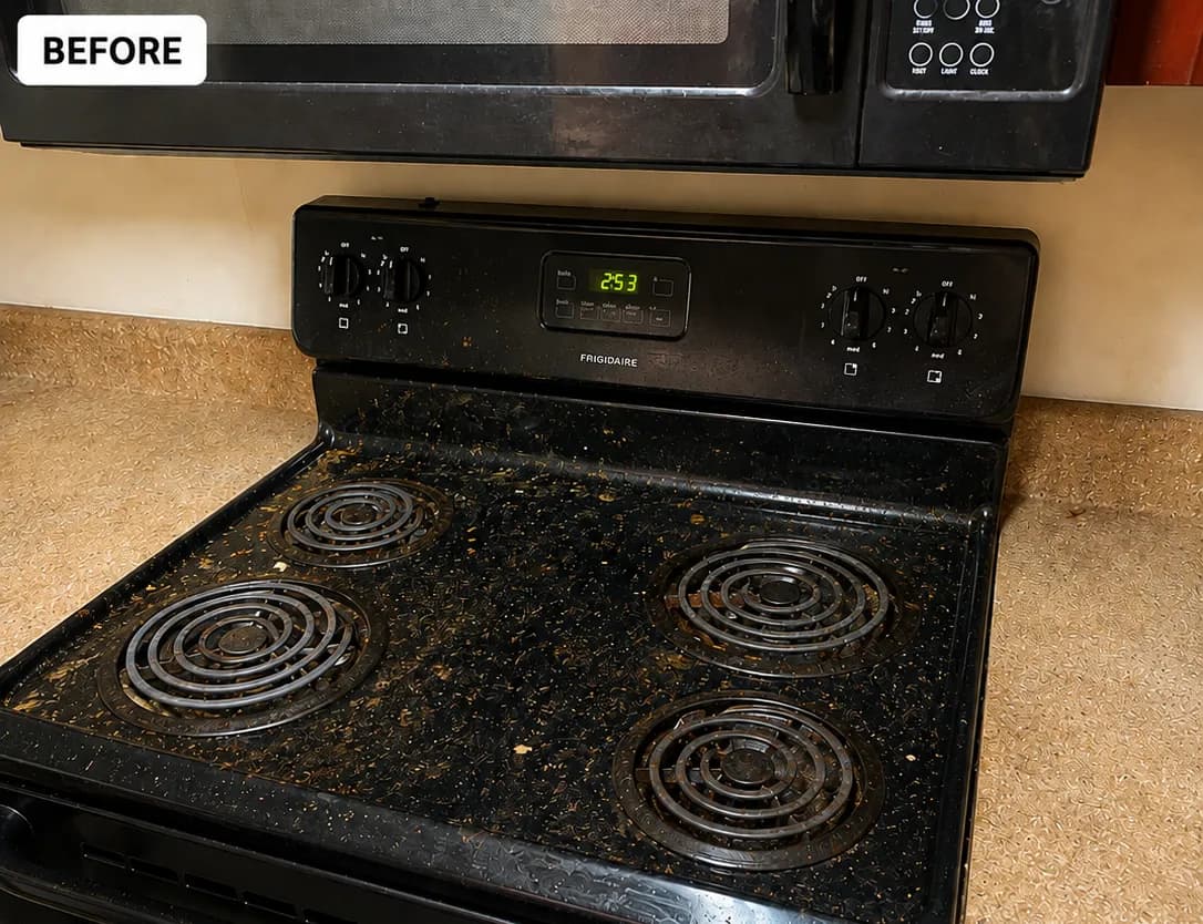 Dirty kitchen stove with visible grime and grease before cleaning.
