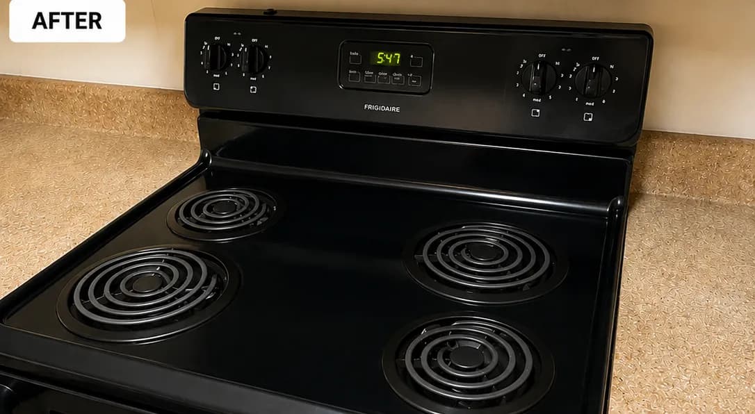 Clean black electric stove with four burners and digital clock display.