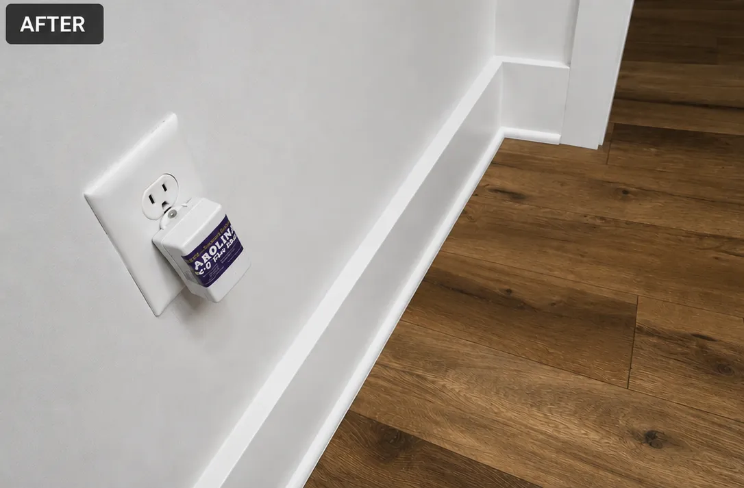 Smart home device plugged into wall outlet beside wood flooring and baseboard trim.